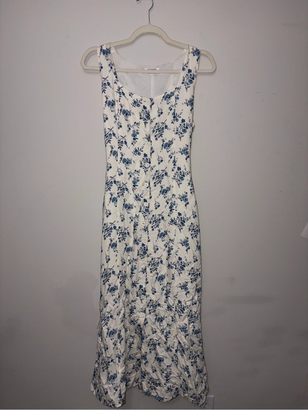 White Maxi Dress with Blue Floral Print - Sleeveless Summer Dress